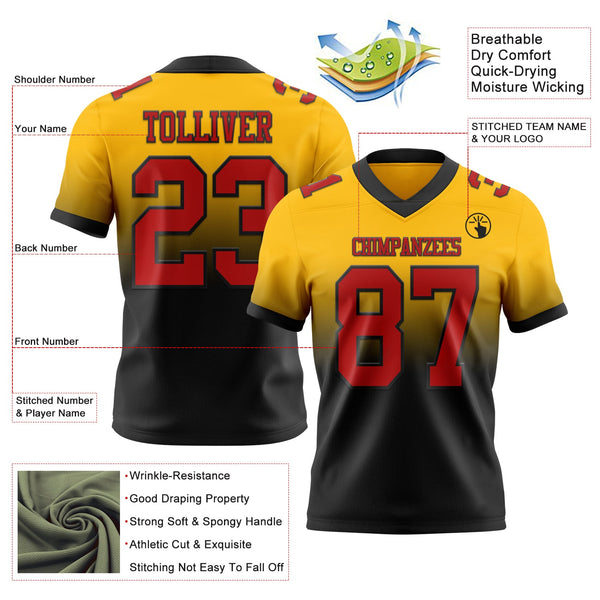Custom Gold Red-Black Authentic Fade Fashion Football Jersey alternate
