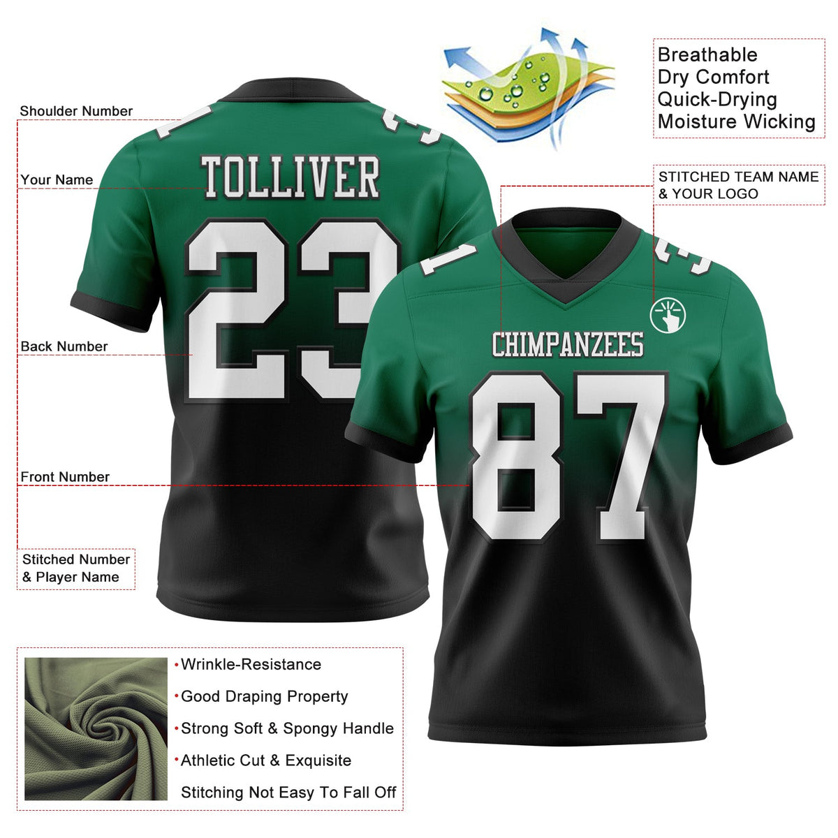 Custom Kelly Green White-Black Authentic Fade Fashion Football Jersey - Back