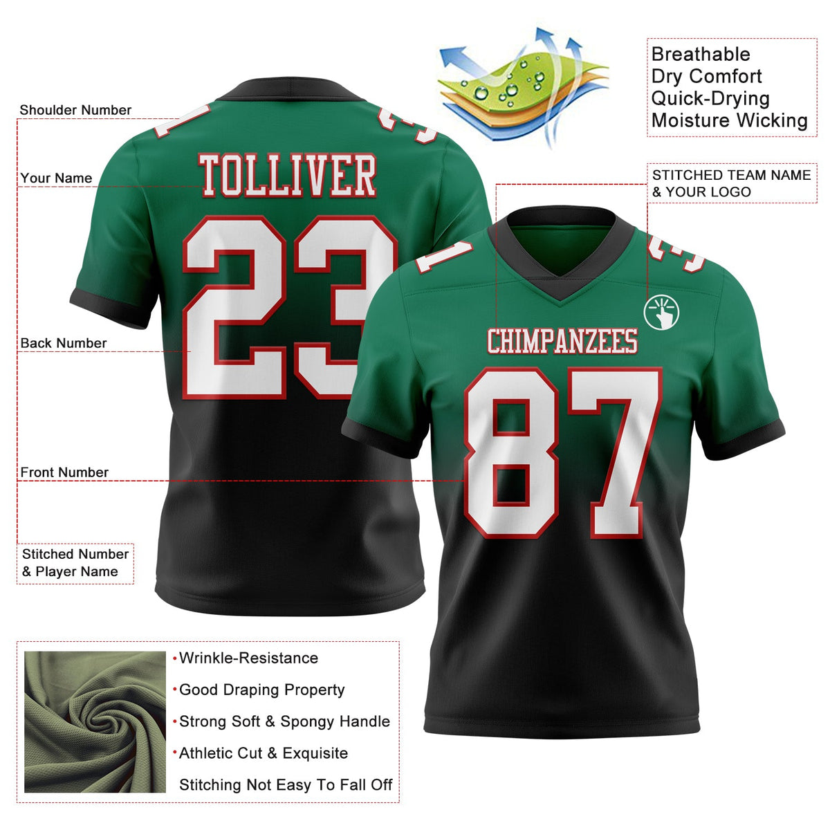 Custom Kelly Green White Black-Red Authentic Fade Fashion Football Jersey - Back