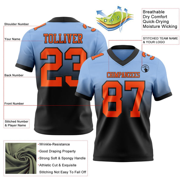 Custom Light Blue Orange-Black Authentic Fade Fashion Football Jersey alternate