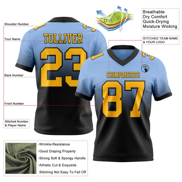 Custom Light Blue Gold-Black Authentic Fade Fashion Football Jersey alternate