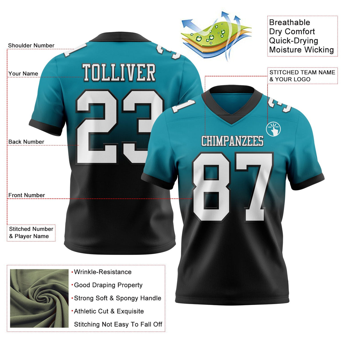 Custom Teal White-Black Authentic Fade Fashion Football Jersey - Back