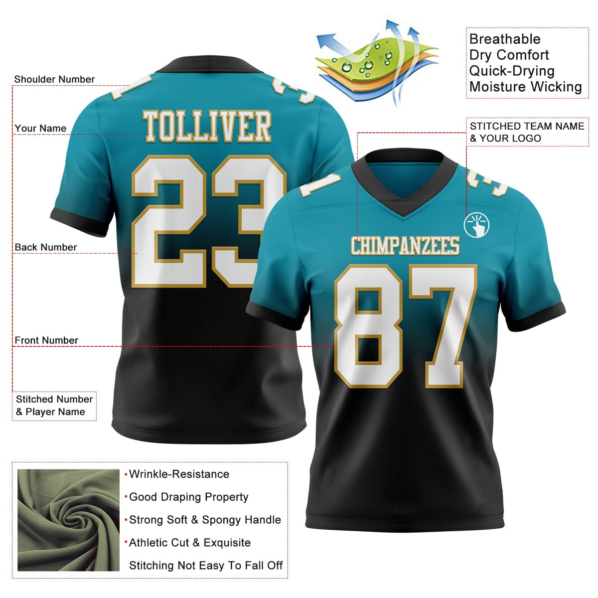 Custom Teal White Black-Old Gold Authentic Fade Fashion Football Jersey - Back