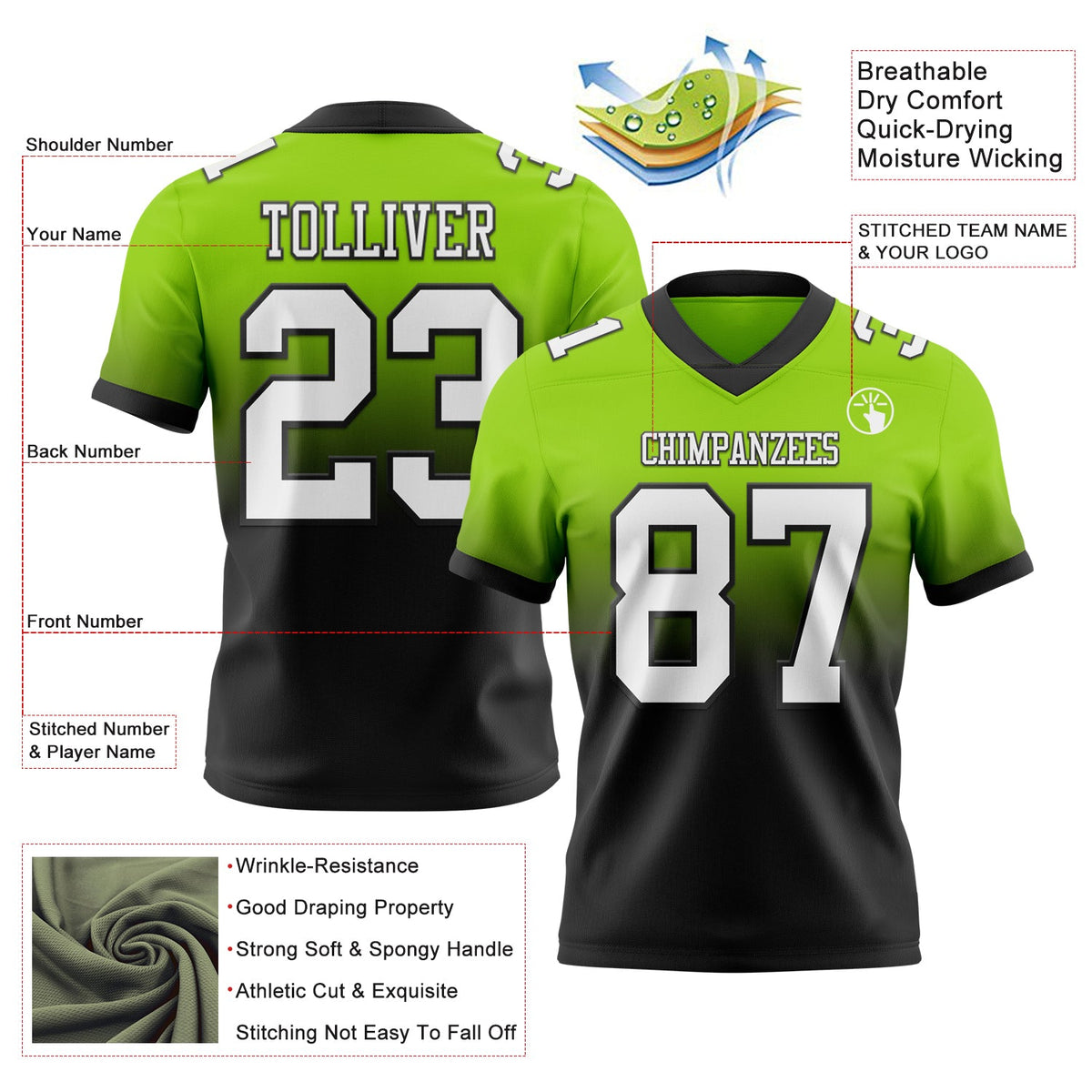 Custom Neon Green White-Black Authentic Fade Fashion Football Jersey - Back