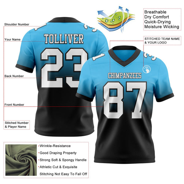 Custom Sky Blue White-Black Authentic Fade Fashion Football Jersey alternate