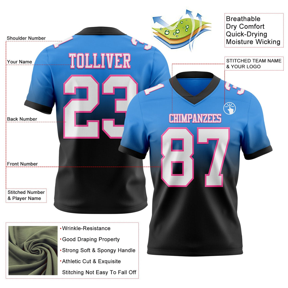 Custom Powder Blue White Black-Pink Authentic Fade Fashion Football Jersey - Back
