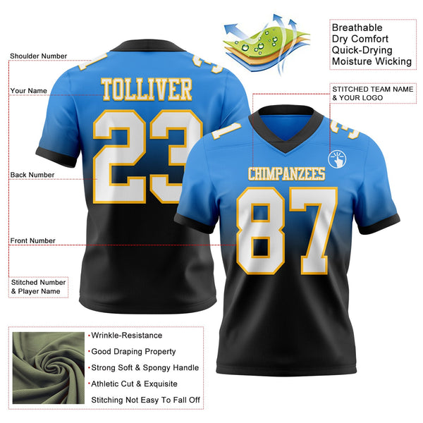 Custom Powder Blue White Black-Gold Authentic Fade Fashion Football Jersey alternate