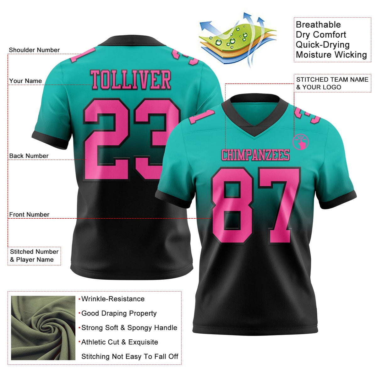 Custom Aqua Pink-Black Authentic Fade Fashion Football Jersey - Back