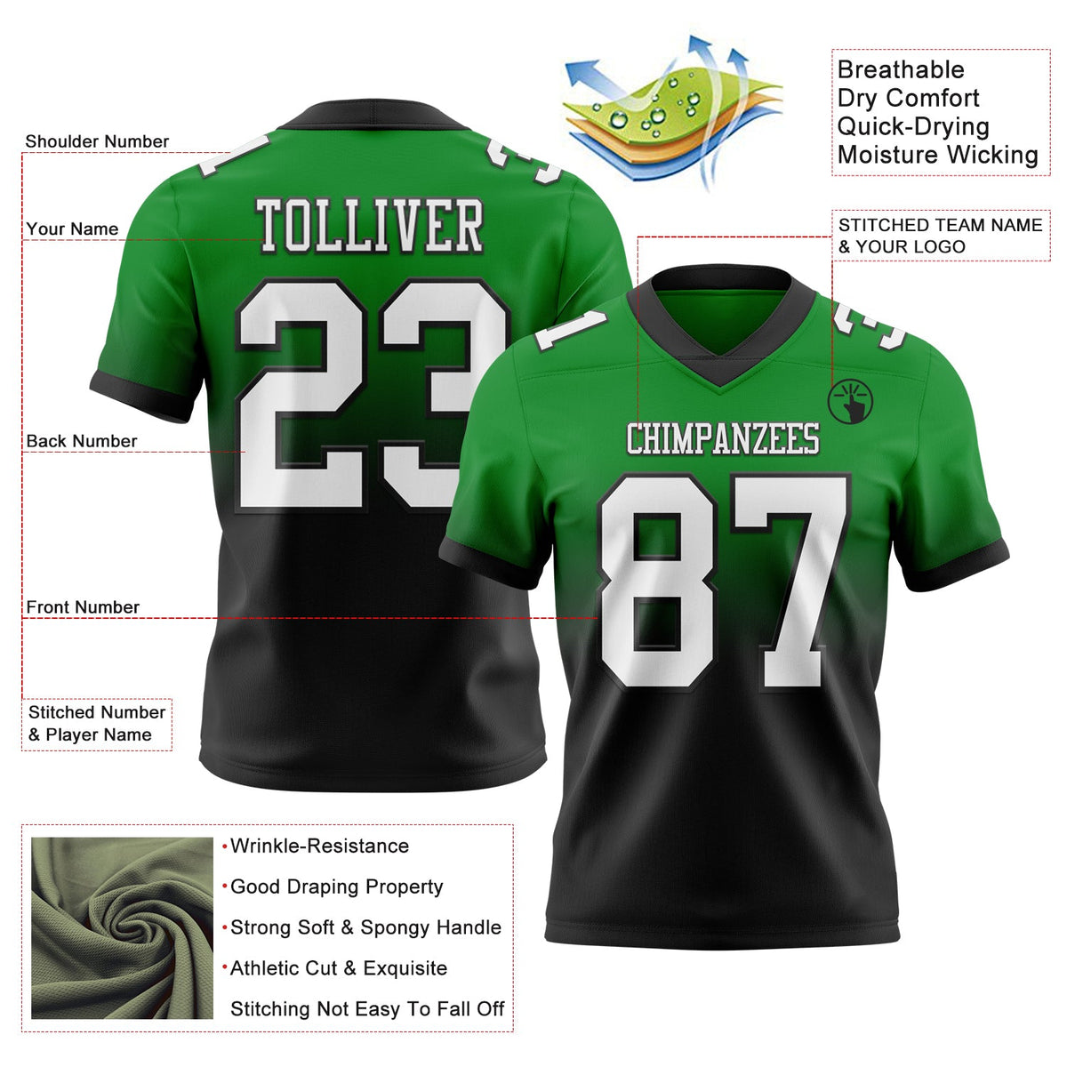 Custom Grass Green White-Black Authentic Fade Fashion Football Jersey - Back