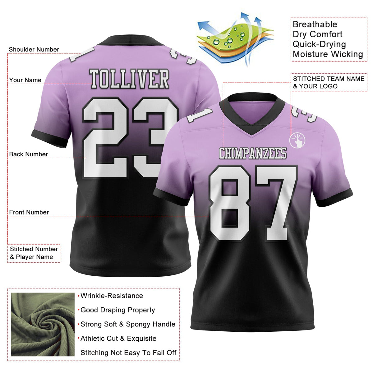 Custom Light Purple White-Black Authentic Fade Fashion Football Jersey - Back