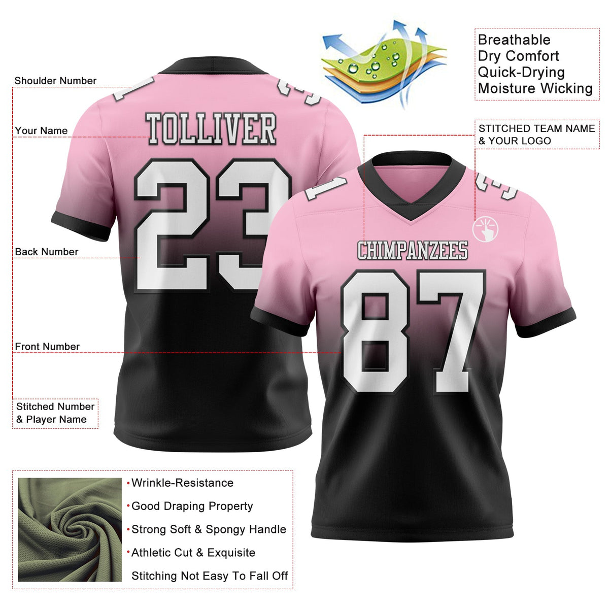 Custom Light Pink White-Black Authentic Fade Fashion Football Jersey - Back