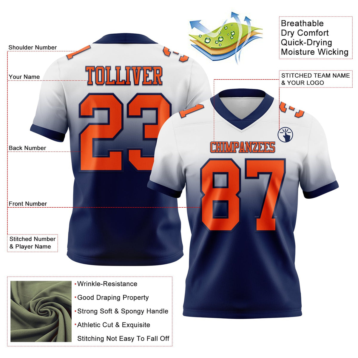 Custom White Orange-Navy Authentic Fade Fashion Football Jersey - Back