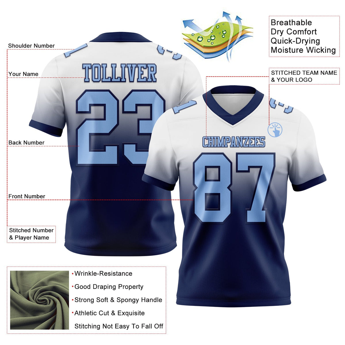 Custom White Light Blue-Navy Authentic Fade Fashion Football Jersey - Back