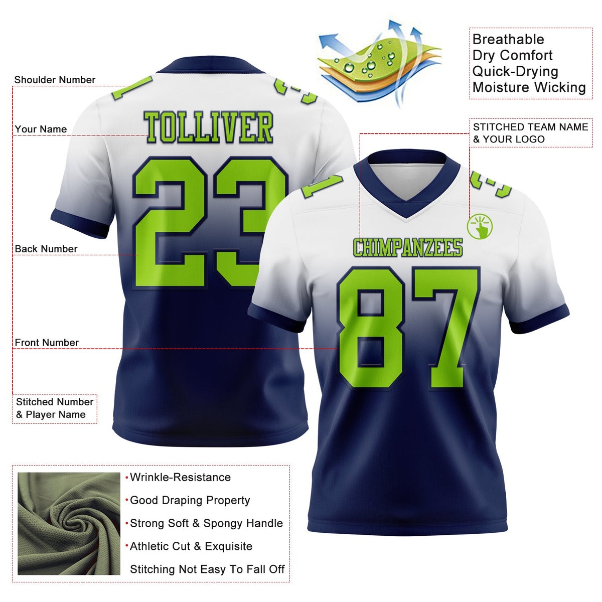 Custom White Neon Green-Navy Authentic Fade Fashion Football Jersey - Back