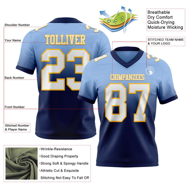 Custom Light Blue White Navy-Gold Authentic Fade Fashion Football Jersey alternate