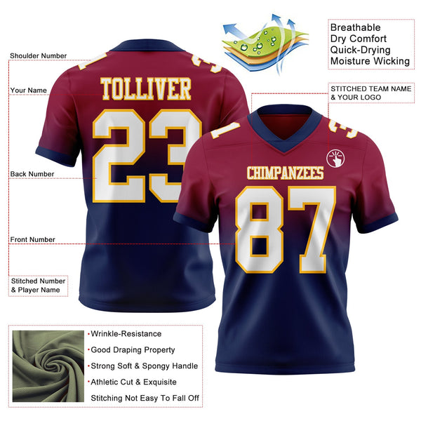 Custom Maroon White Navy-Gold Authentic Fade Fashion Football Jersey alternate