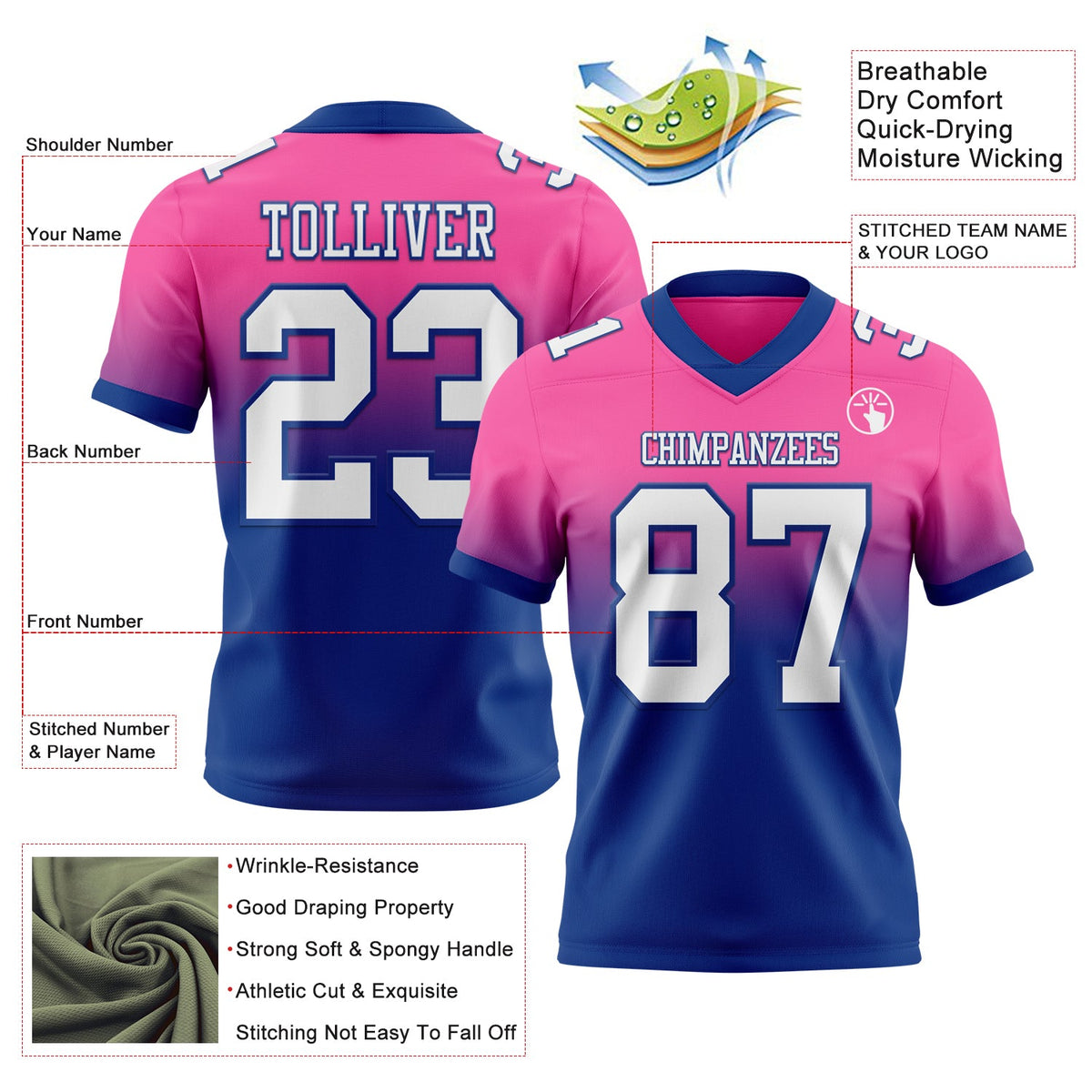 Custom Pink White-Royal Authentic Fade Fashion Football Jersey - Back