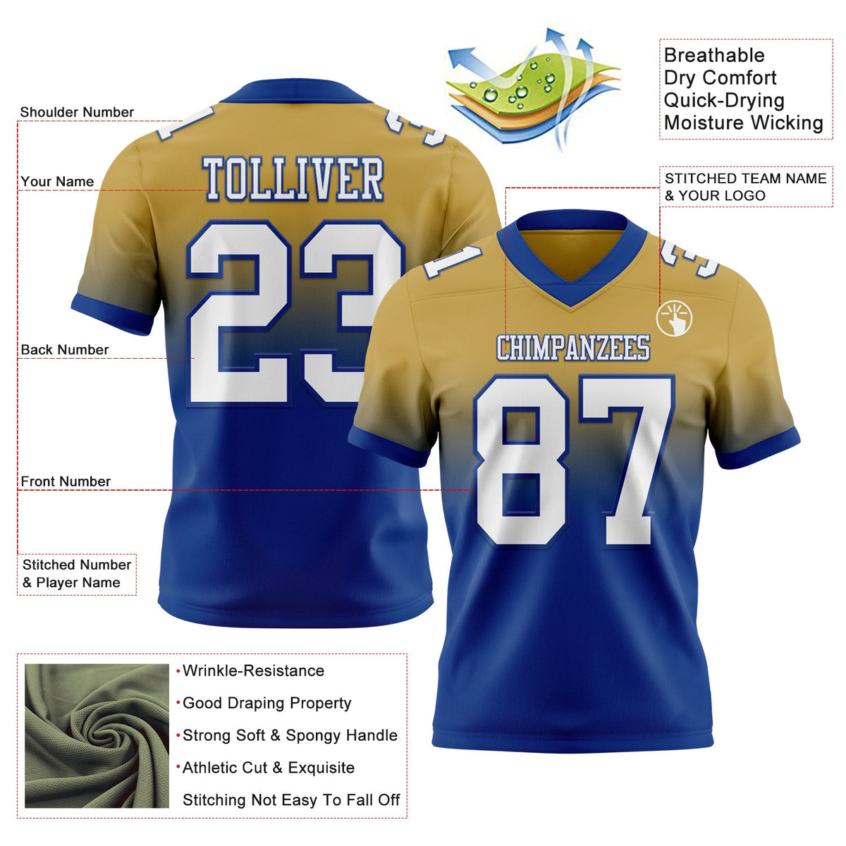 Custom Old Gold White-Royal Authentic Fade Fashion Football Jersey - Back