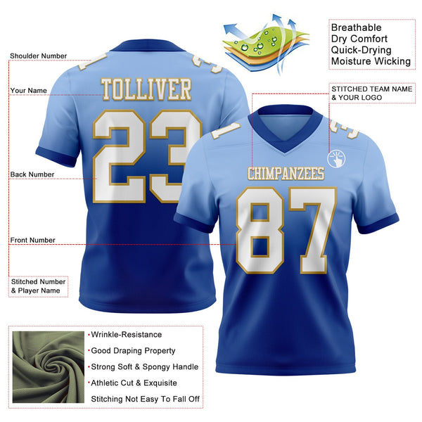 Custom Light Blue White Royal-Old Gold Authentic Fade Fashion Football Jersey alternate