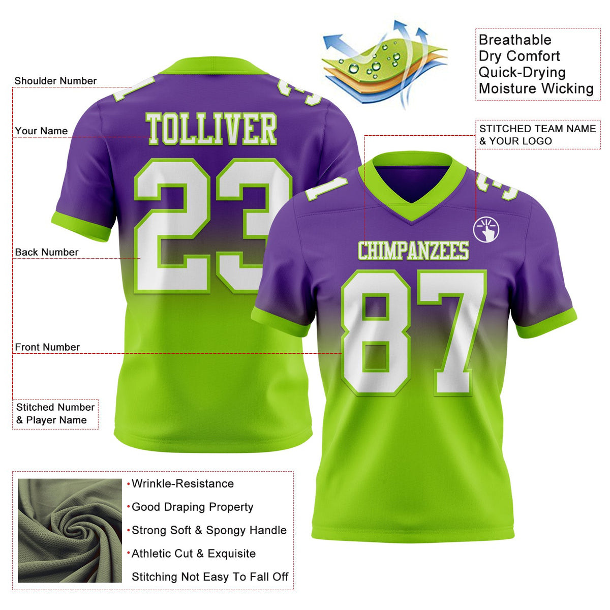 Custom Purple White-Neon Green Authentic Fade Fashion Football Jersey - Back