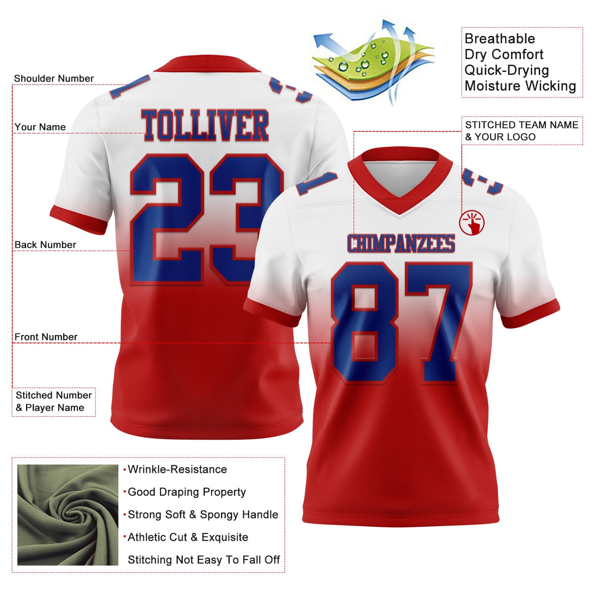 Custom White Royal-Red Authentic Fade Fashion Football Jersey - Back