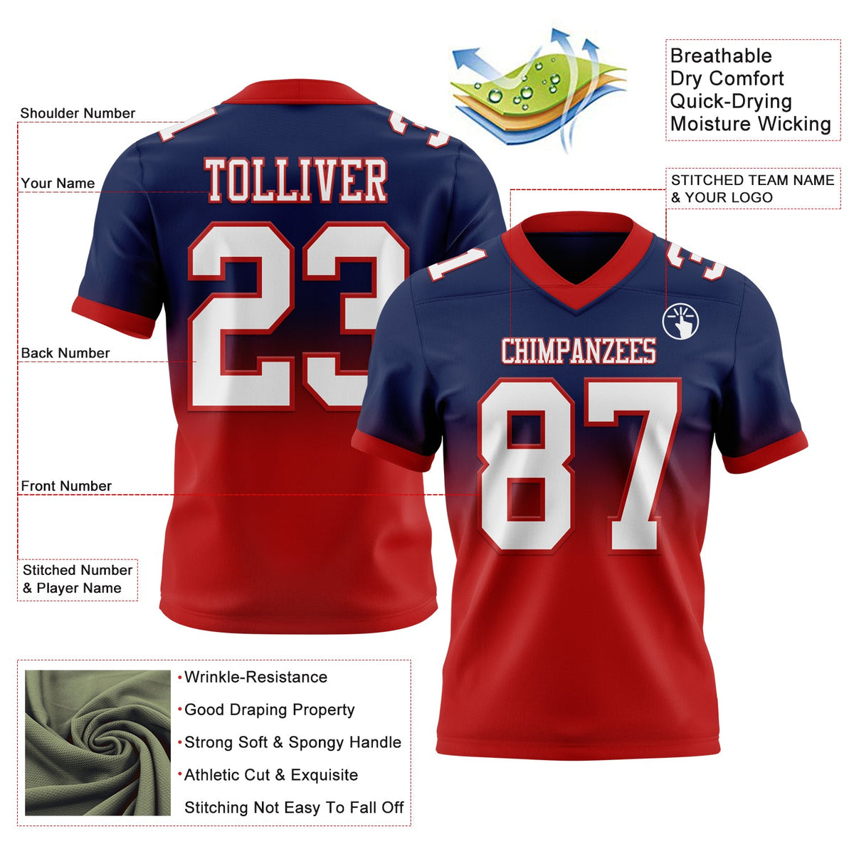 Custom Navy White-Red Authentic Fade Fashion Football Jersey - Back