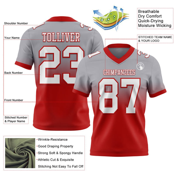 Custom Gray White-Red Authentic Fade Fashion Football Jersey alternate