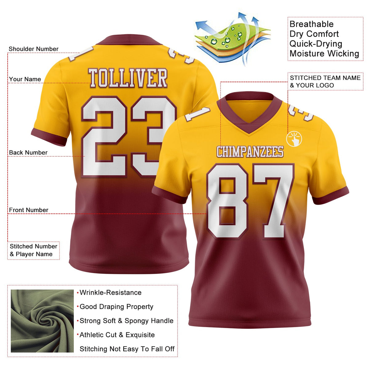 Custom Gold White-Burgundy Authentic Fade Fashion Football Jersey - Back