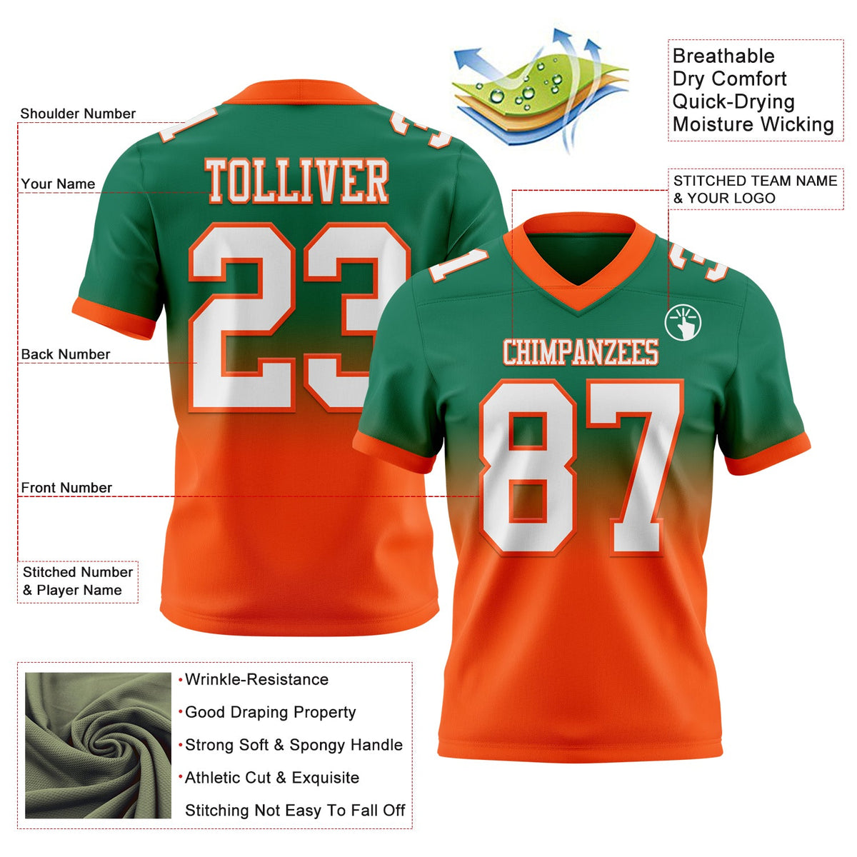 Custom Kelly Green White-Orange Authentic Fade Fashion Football Jersey - Back