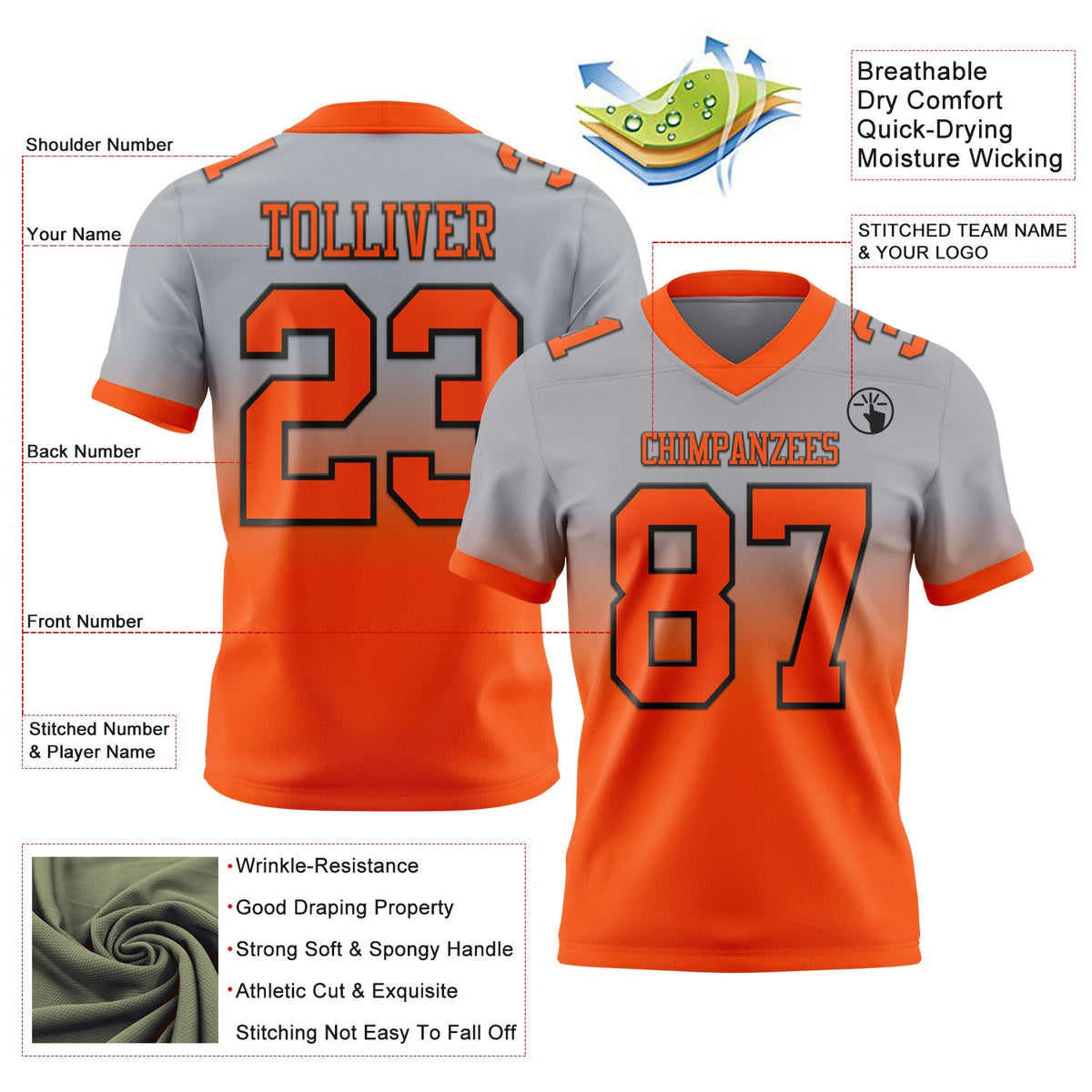 Custom Gray Orange-Black Authentic Fade Fashion Football Jersey - Back