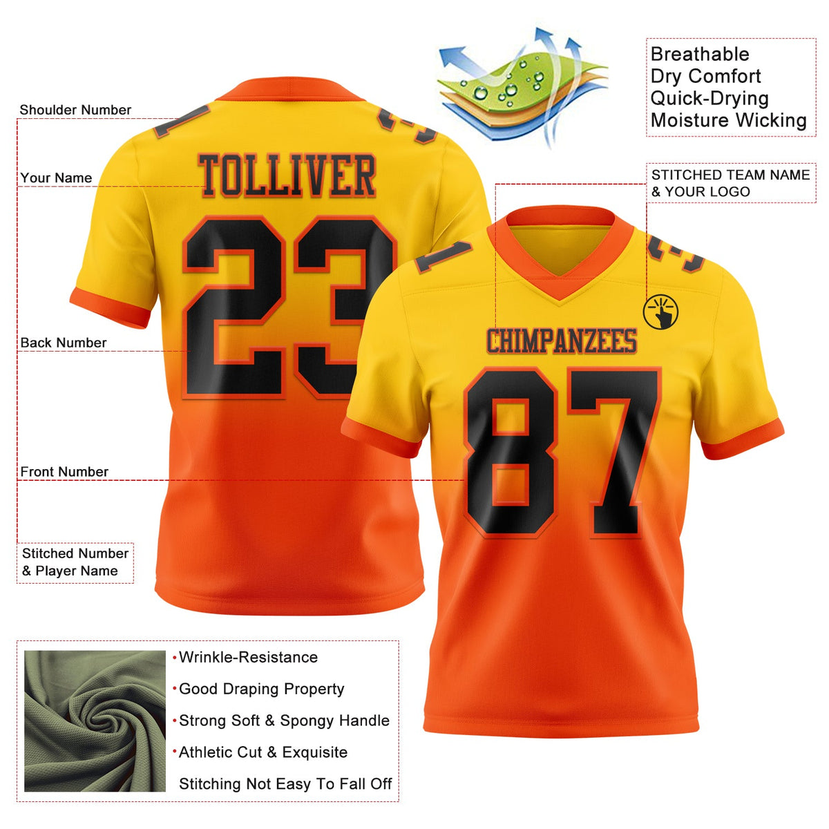 Custom Yellow Black-Orange Authentic Fade Fashion Football Jersey - Back
