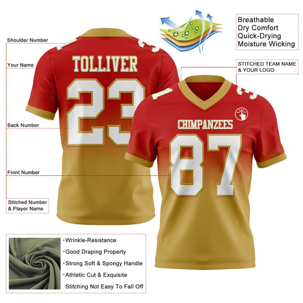 Custom Red White-Old Gold Authentic Fade Fashion Football Jersey alternate