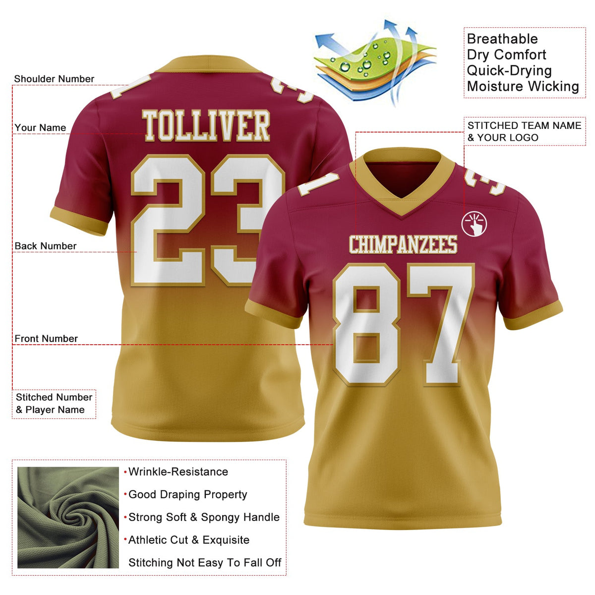 Custom Maroon White-Old Gold Authentic Fade Fashion Football Jersey - Back