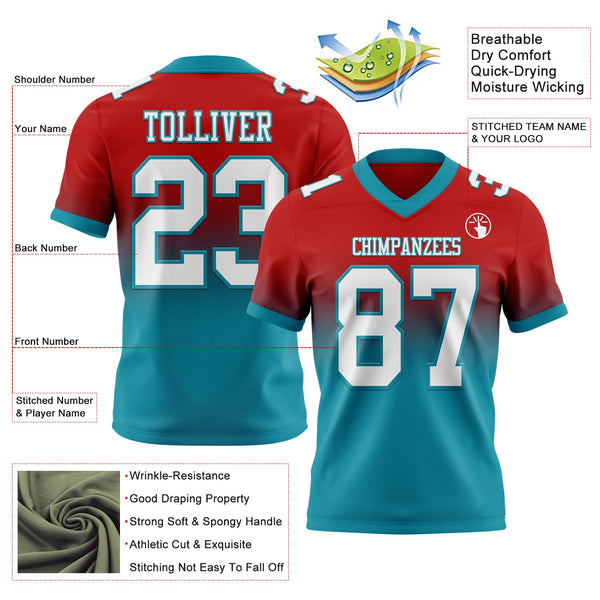 Custom Red White-Teal Authentic Fade Fashion Football Jersey alternate