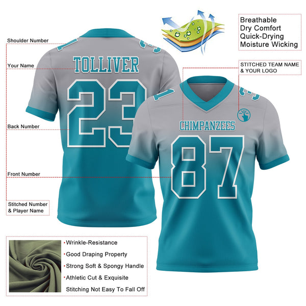 Custom Gray Teal-White Authentic Fade Fashion Football Jersey alternate