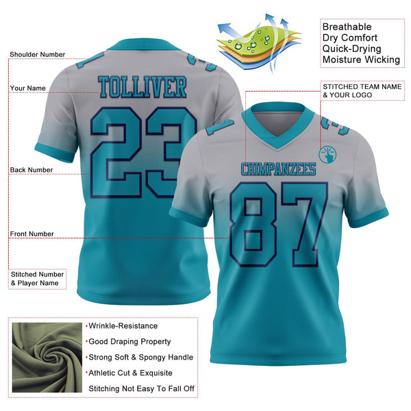 Custom Gray Teal-Navy Authentic Fade Fashion Football Jersey alternate