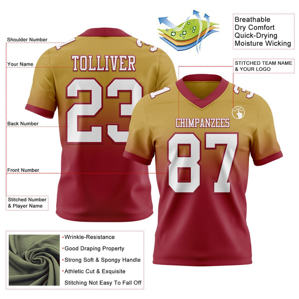 Custom Old Gold White-Cardinal Authentic Fade Fashion Football Jersey alternate