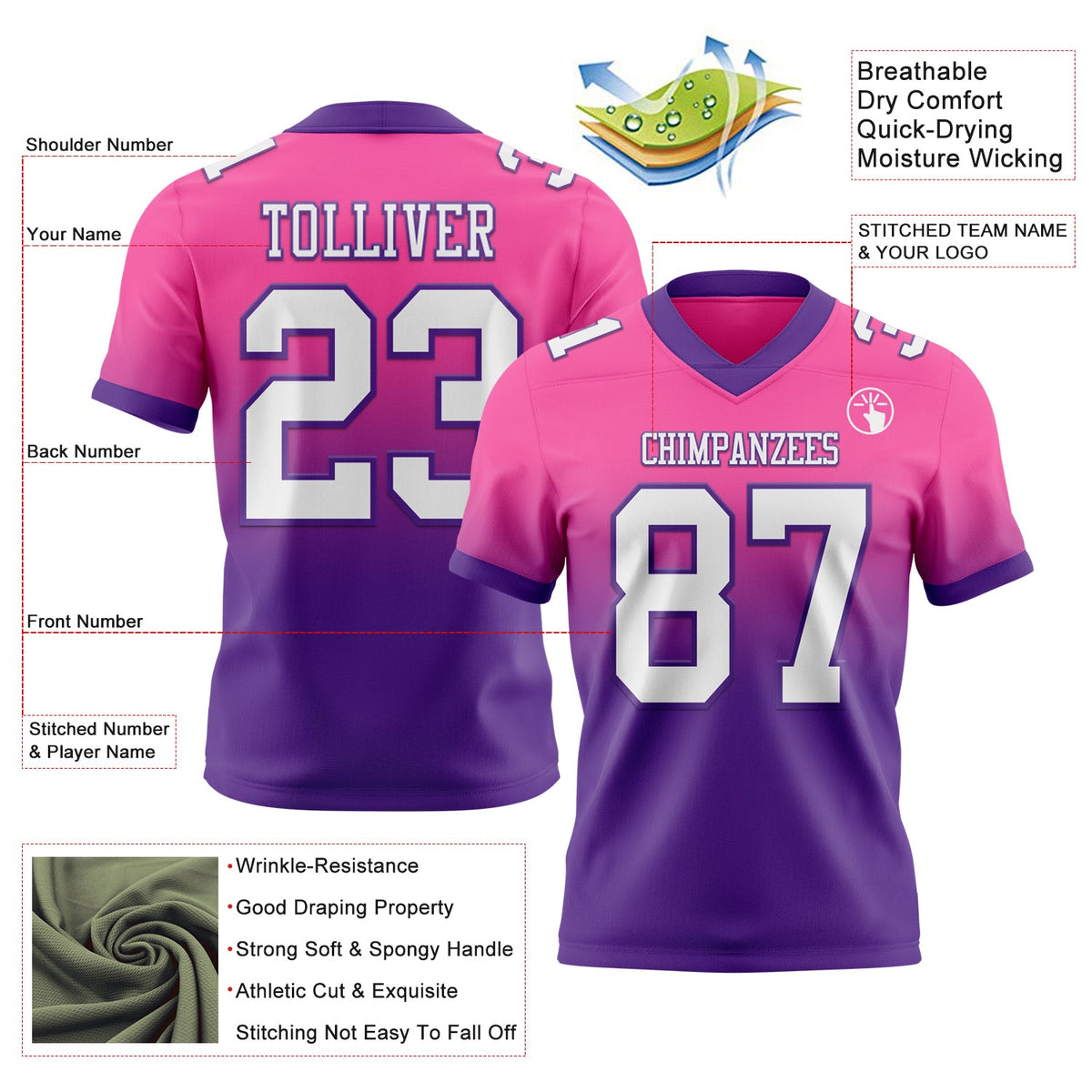 Custom Pink White-Purple Authentic Fade Fashion Football Jersey - Back