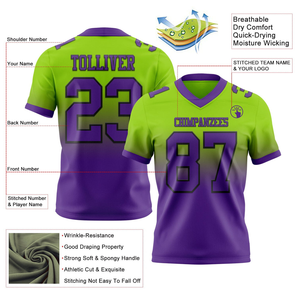 Custom Neon Green Purple-Black Authentic Fade Fashion Football Jersey - Back