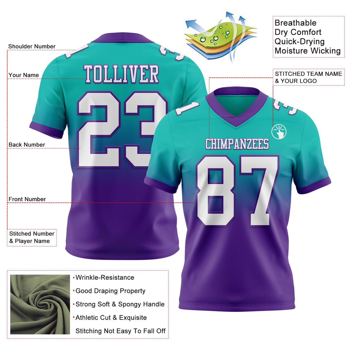 Custom Aqua White-Purple Authentic Fade Fashion Football Jersey - Back