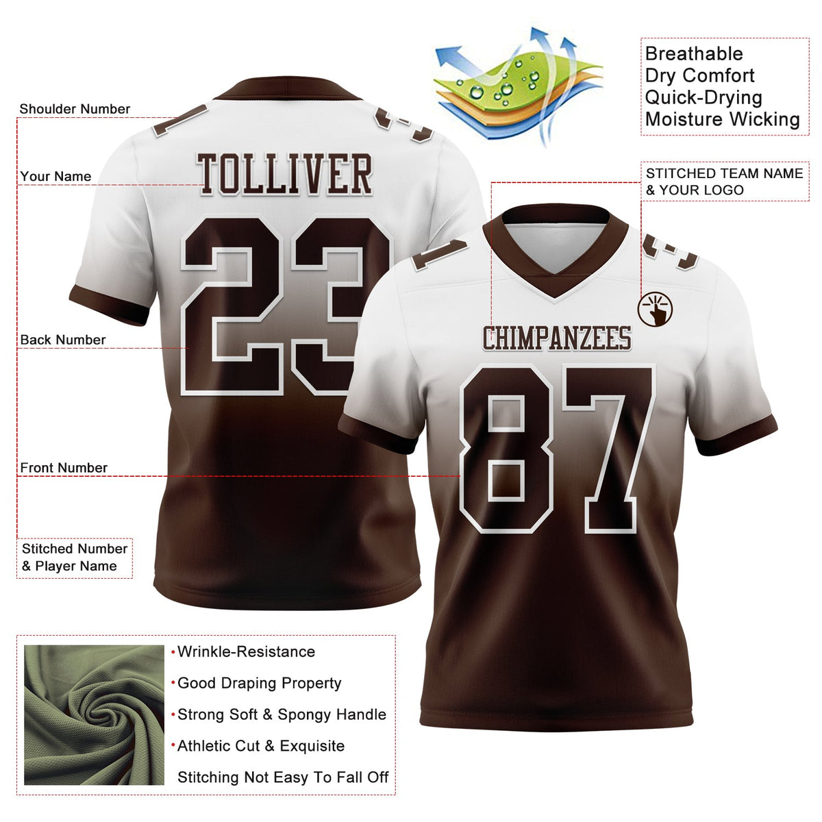 Custom White Brown Authentic Fade Fashion Football Jersey - Back