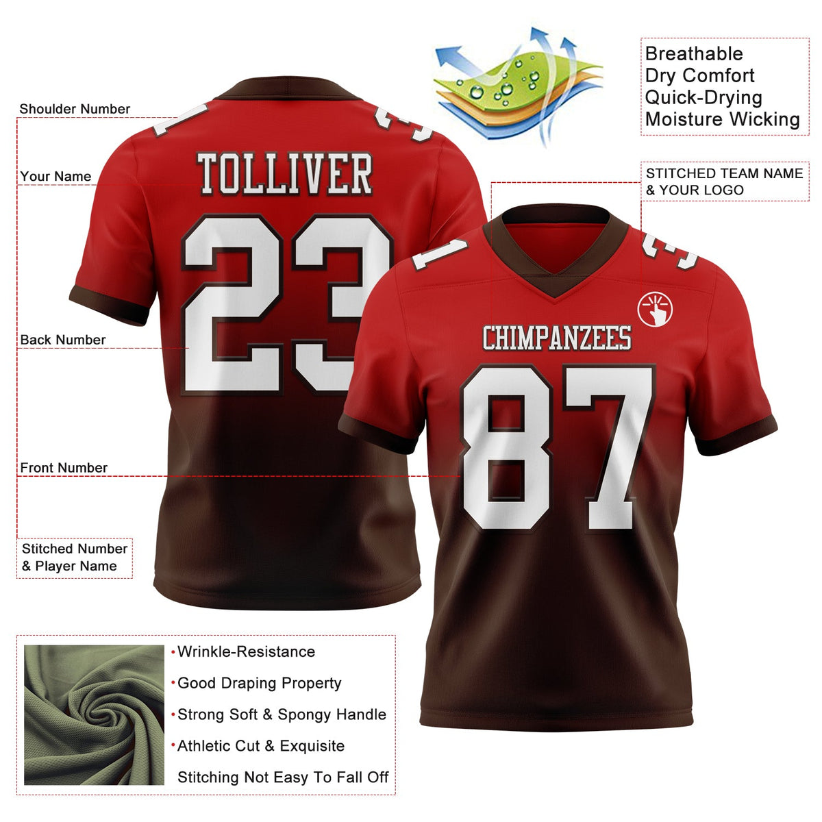 Custom Red White-Brown Authentic Fade Fashion Football Jersey - Back