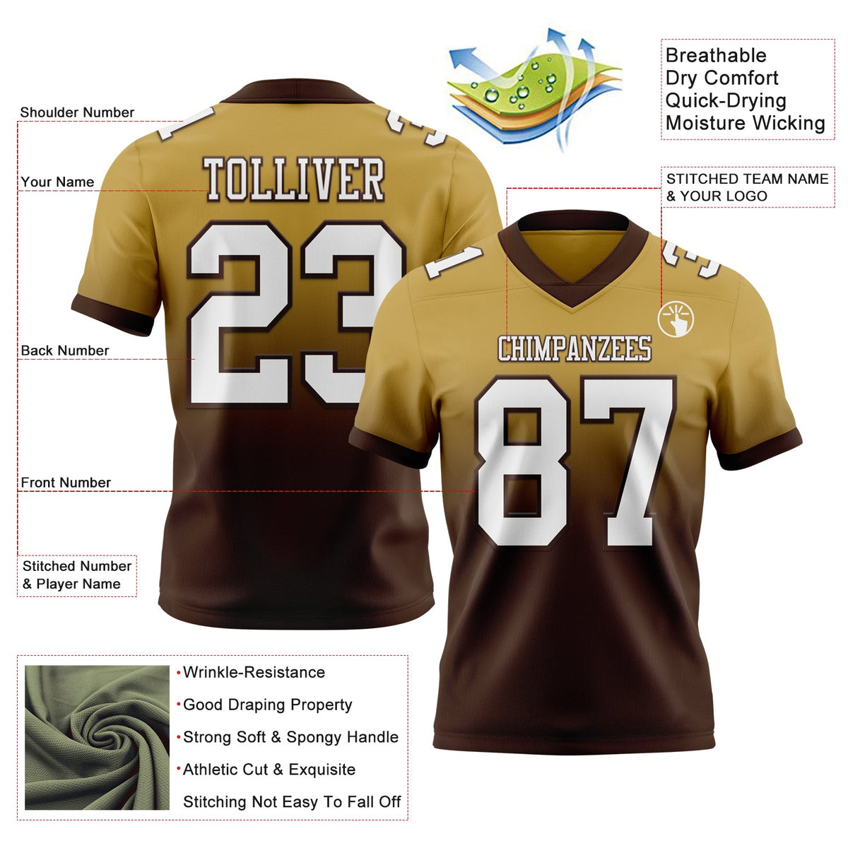 Custom Old Gold White-Brown Authentic Fade Fashion Football Jersey - Back