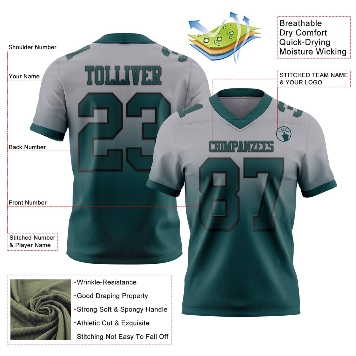 Custom Gray Midnight Green-Black Authentic Fade Fashion Football Jersey - Back
