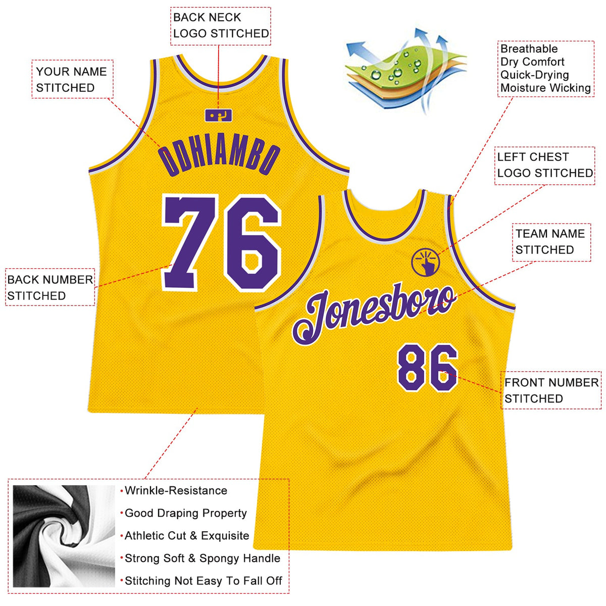 Custom Gold Purple-White Authentic Throwback Basketball Jersey - Back