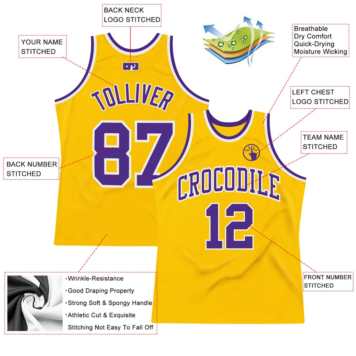 Custom Gold Purple-White Authentic Throwback Basketball Jersey - Front