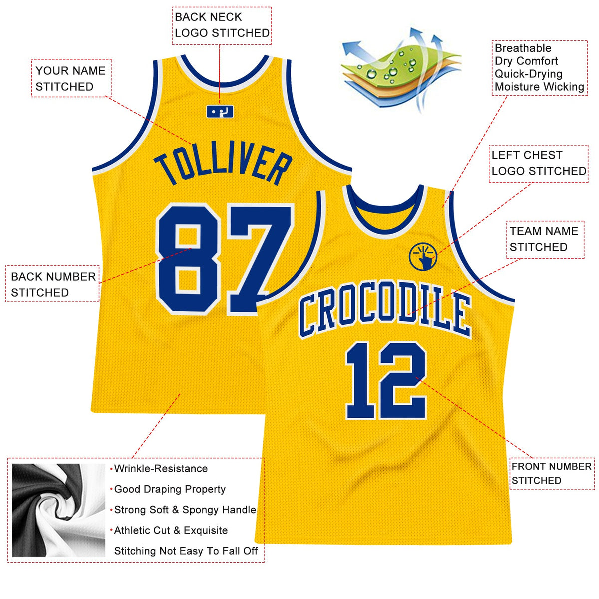 Custom Gold Royal-White Authentic Throwback Basketball Jersey - Back