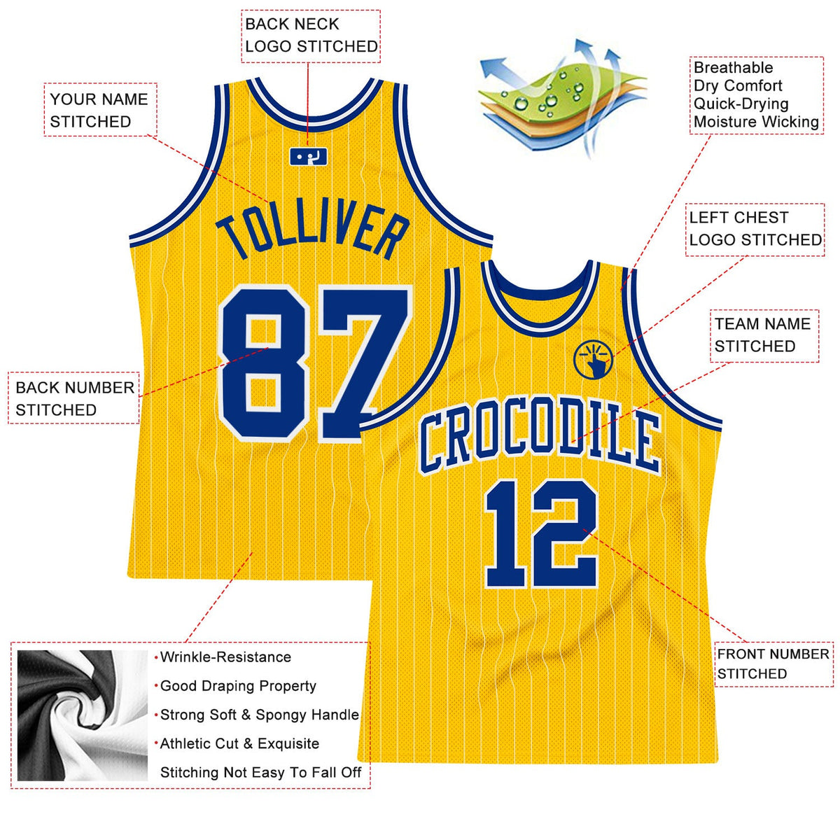 Custom Gold White Pinstripe Royal Authentic Basketball Jersey - Back