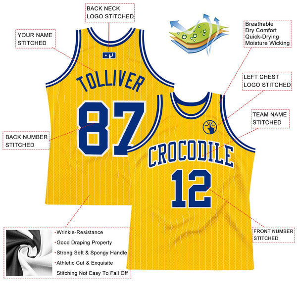 Custom Gold White Pinstripe Royal Authentic Basketball Jersey alternate