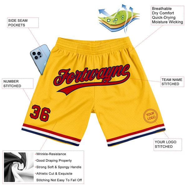 Custom Gold Red-Navy Authentic Throwback Basketball Shorts alternate